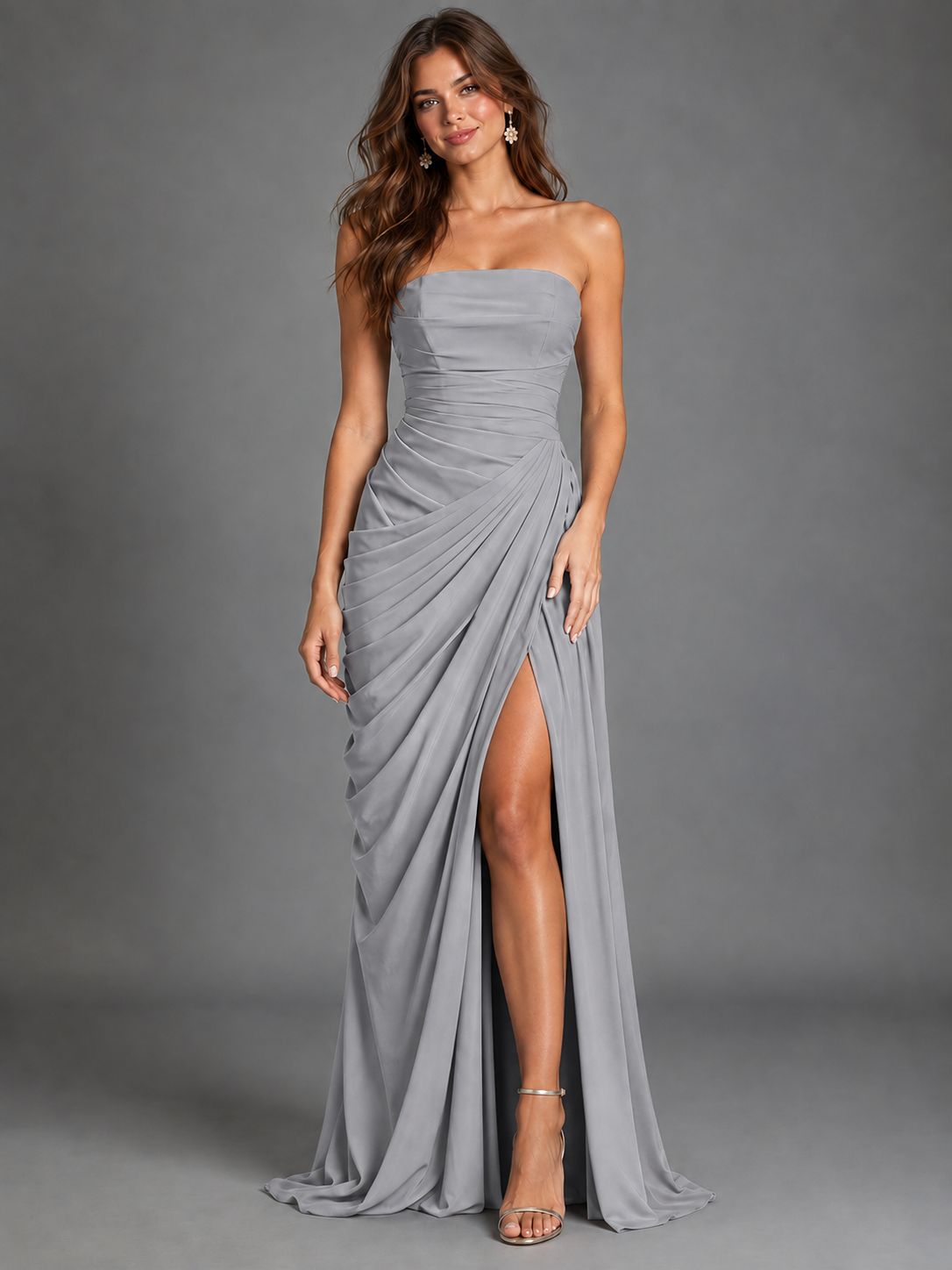 Strapless Bodycon Pleated Chiffon Formal Dress with Slit