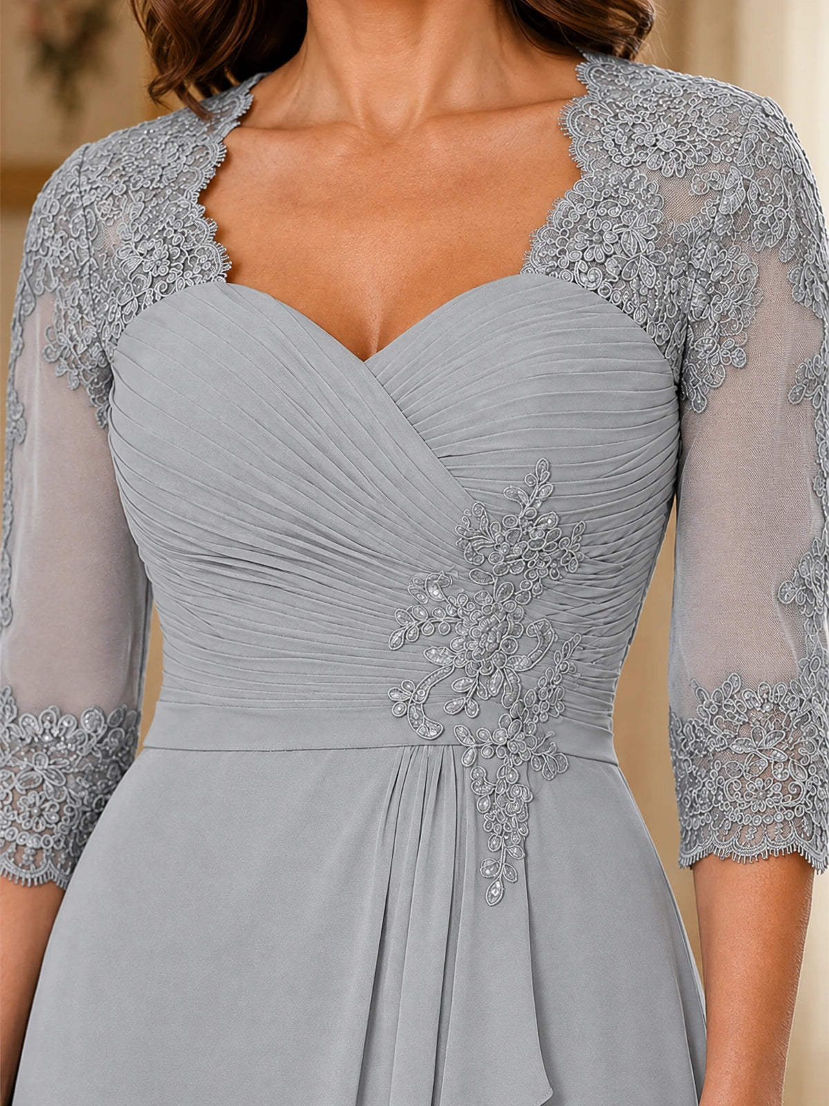 Chiffon Lace Applique Mother of the Bride Dress with 3/4 Sleeves