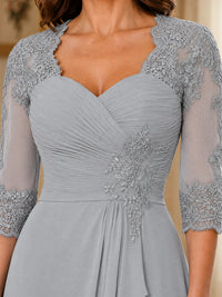Chiffon Lace Applique Mother of the Bride Dress with 3/4 Sleeves