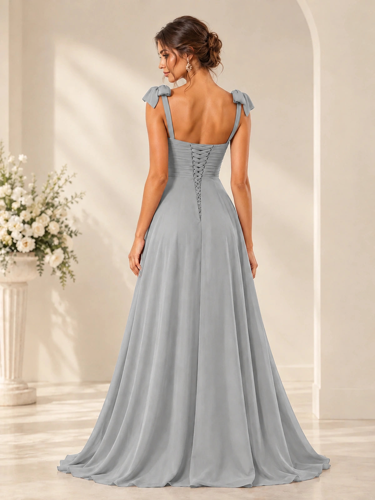 Ruffle Slit Chiffon A Line Scoop Neck Bridesmaid Dresses with Pockets