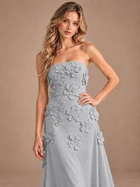 Yellow Strapless A-line Satin Maxi Dress with 3D Floral