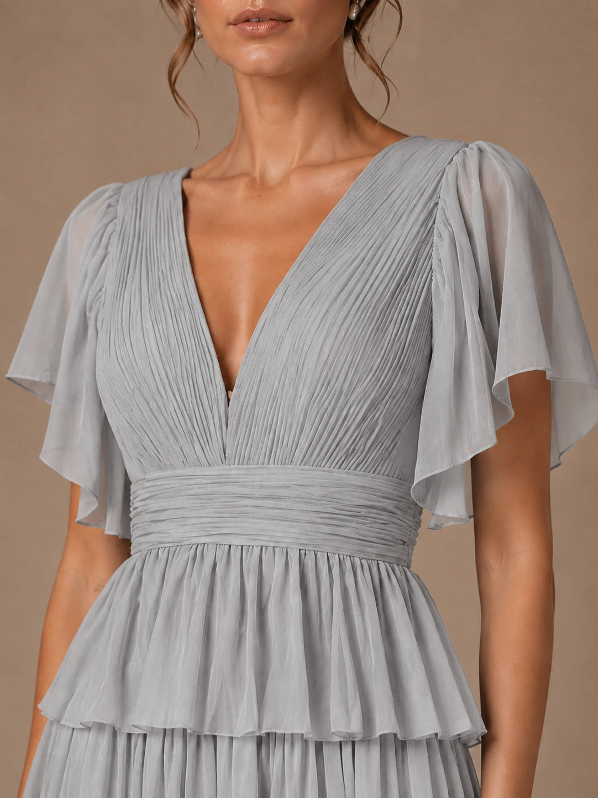 Chiffon V-Neck Tiered Ruffle Bridesmaid Dress with Slit