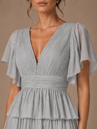 Chiffon V-Neck Tiered Ruffle Bridesmaid Dress with Slit