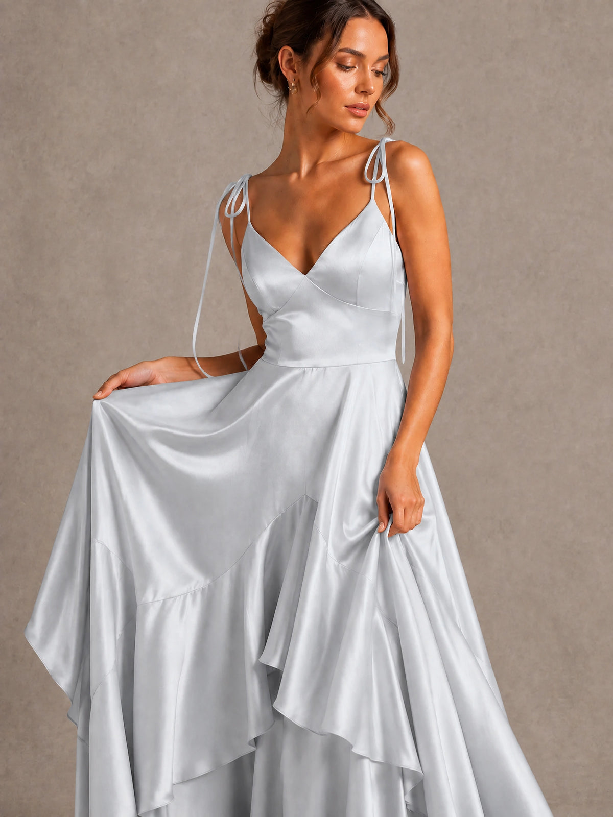 Lavender Satin V-Neck Ruffle Maxi Dress