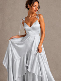 Lavender Satin V-Neck Ruffle Maxi Dress
