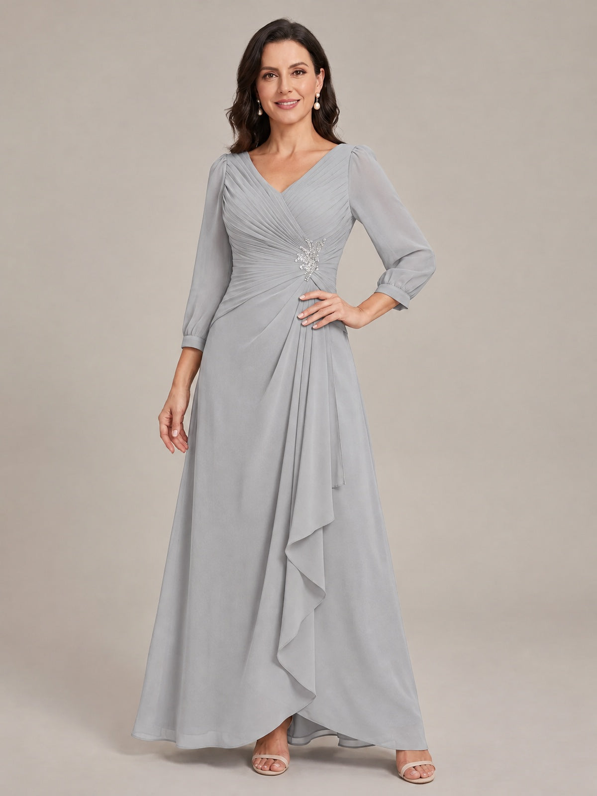 V-Neck Pleated Chiffon Mother of the Bride Dress with Flutter Sleeves