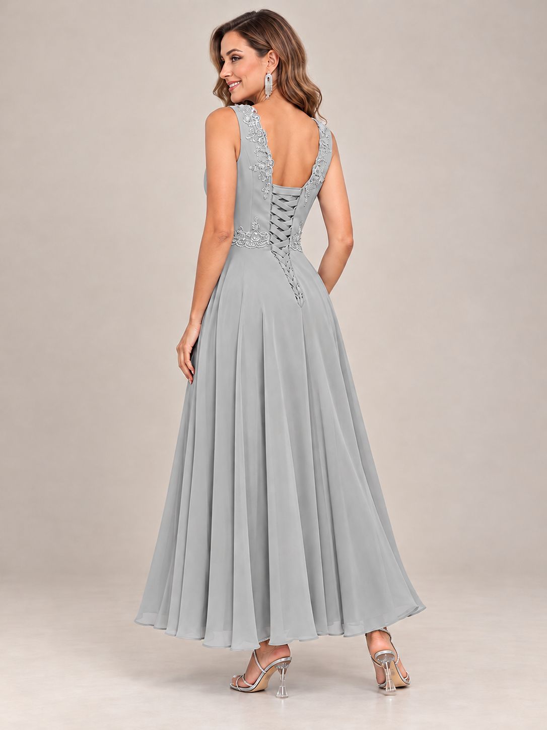 Dusty Blue Floral Lace Chiffon Mother of the Bride Dress with Jacket