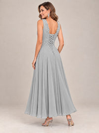Dusty Blue Floral Lace Chiffon Mother of the Bride Dress with Jacket