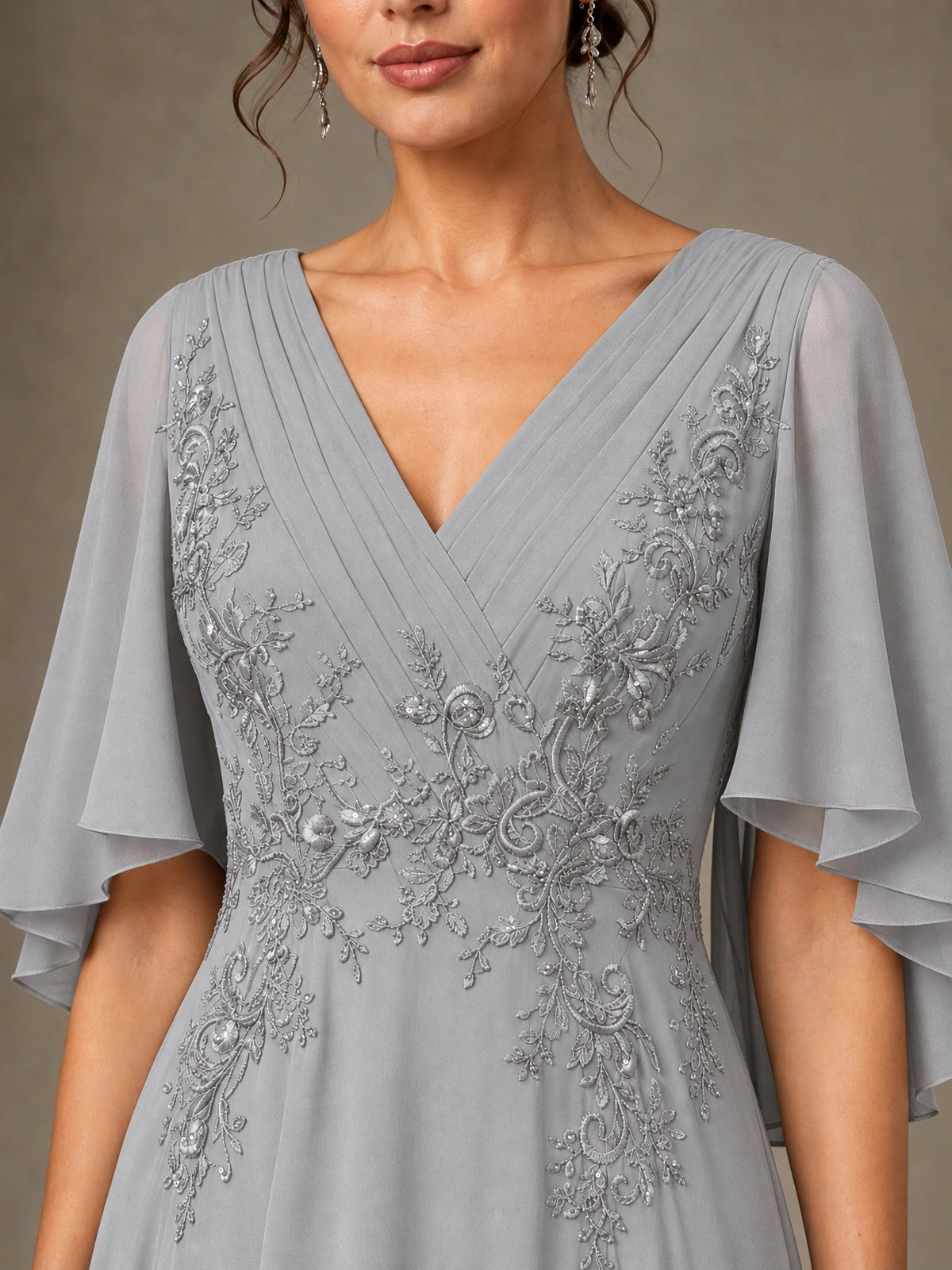 V-Neck Chiffon Lace Mother of the Bride Dress with Flutter Sleeves
