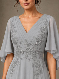 V-Neck Chiffon Lace Mother of the Bride Dress with Flutter Sleeves