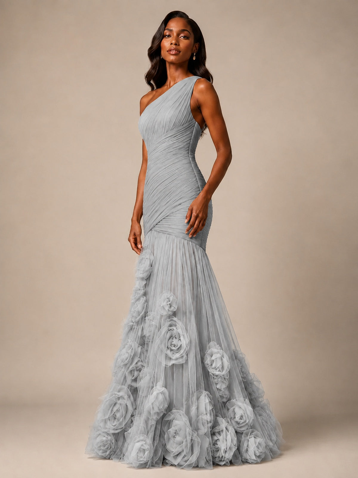 Blush Pink One Shoulder 3D Floral Mermaid Prom Dress