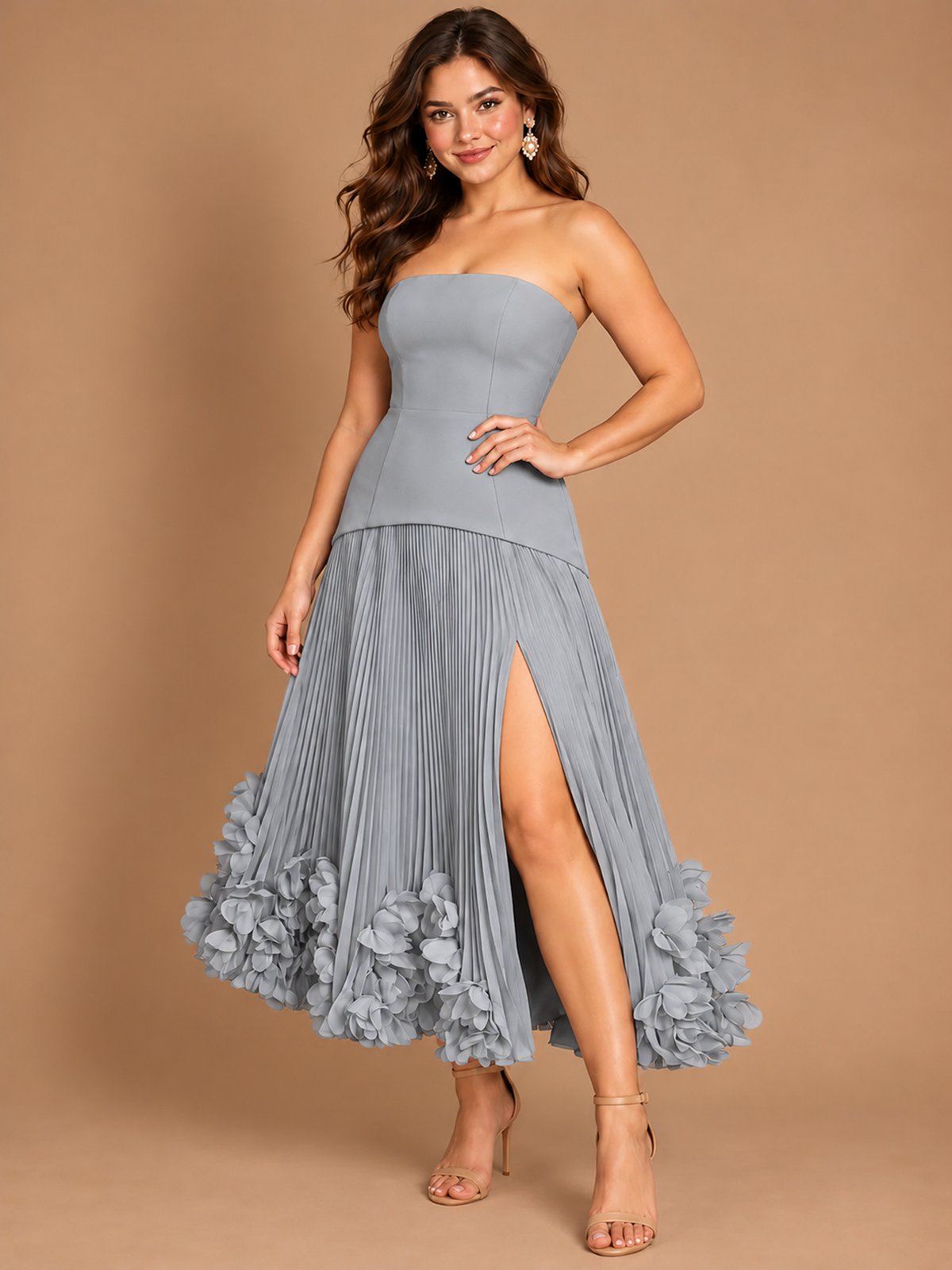 Navy Blue Strapless Pleated A-Line Midi Dress with 3D Floral Applique
