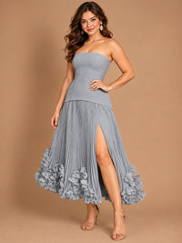 Navy Blue Strapless Pleated A-Line Midi Dress with 3D Floral Applique