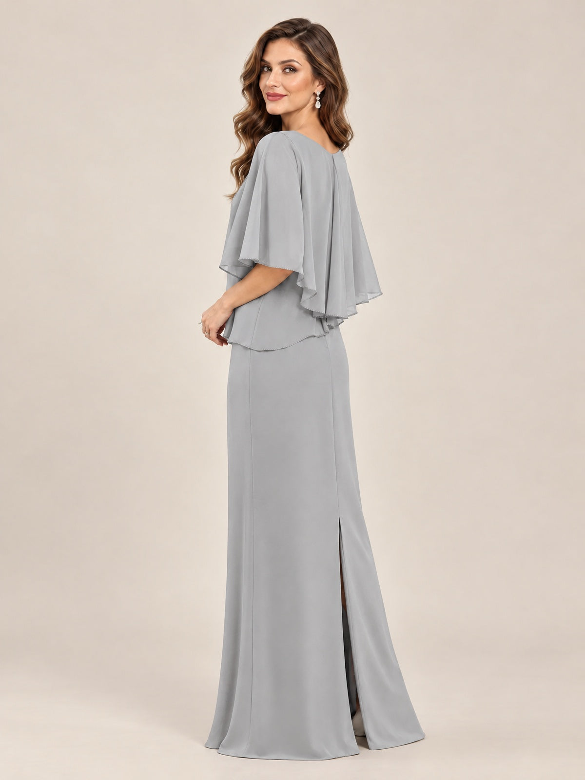 Cape Sleeve Mother of the Bride Dress with Asymmetrical Overlay
