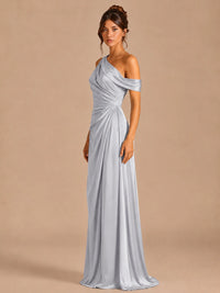 Satin One Shoulder Prom Dress Ruched Long Formal Evening Gown