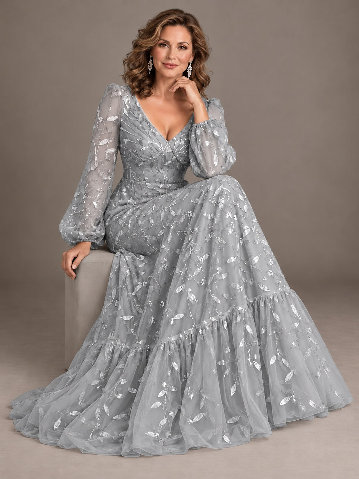 Floral Sequin Embroidered A-Line Mother of the Bride Dress with Long Sleeves