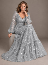 Floral Sequin Embroidered A-Line Mother of the Bride Dress with Long Sleeves