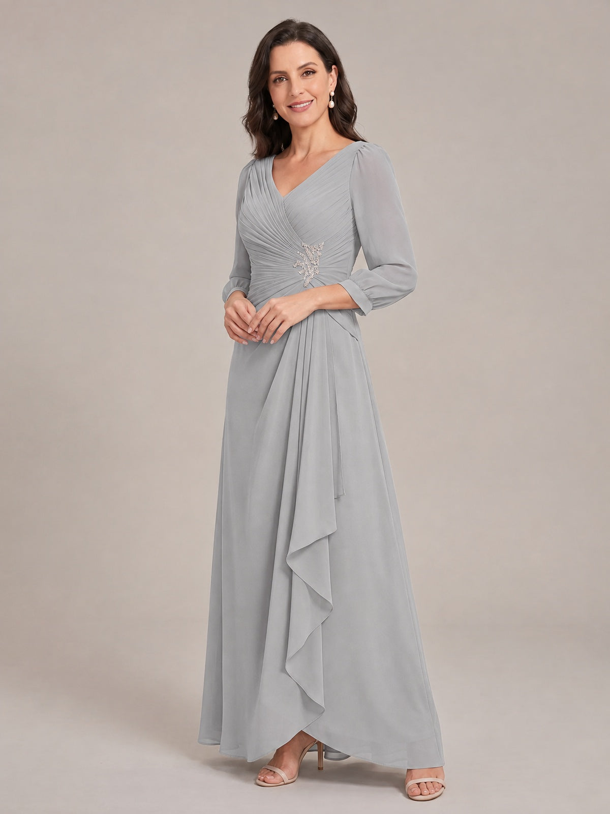 V-Neck Pleated Chiffon Mother of the Bride Dress with Flutter Sleeves