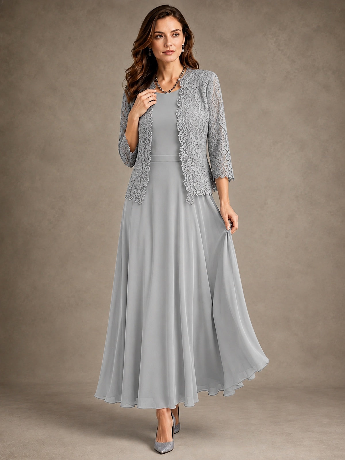 2-Piece Chiffon Mother of the Bride Dress with Lace Jacket