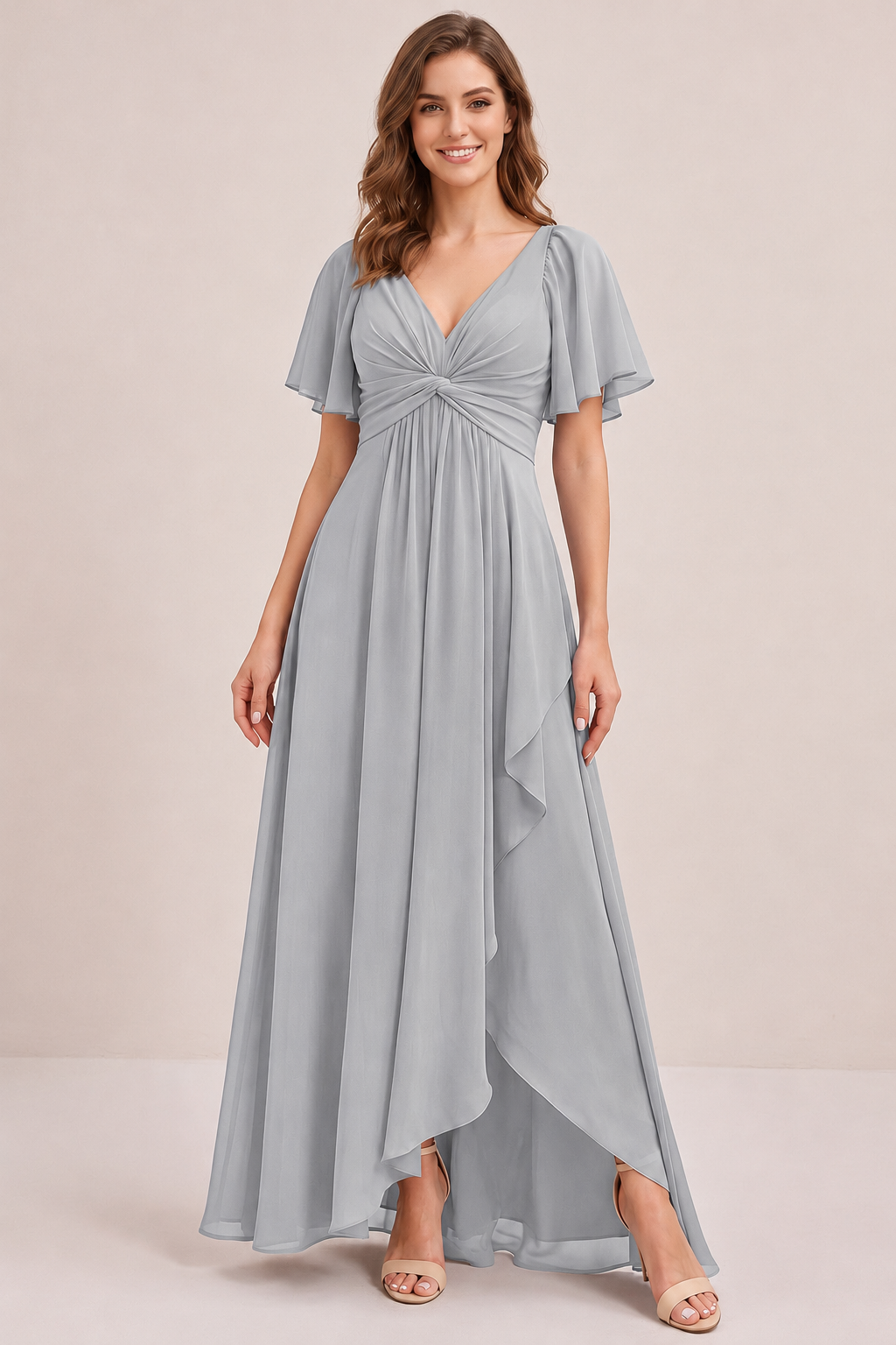 Dusty Blue Chiffon Bridesmaid Dress with Flutter Sleeves & High-Low Hem