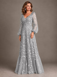 Floral Sequin Embroidered A-Line Mother of the Bride Dress with Long Sleeves