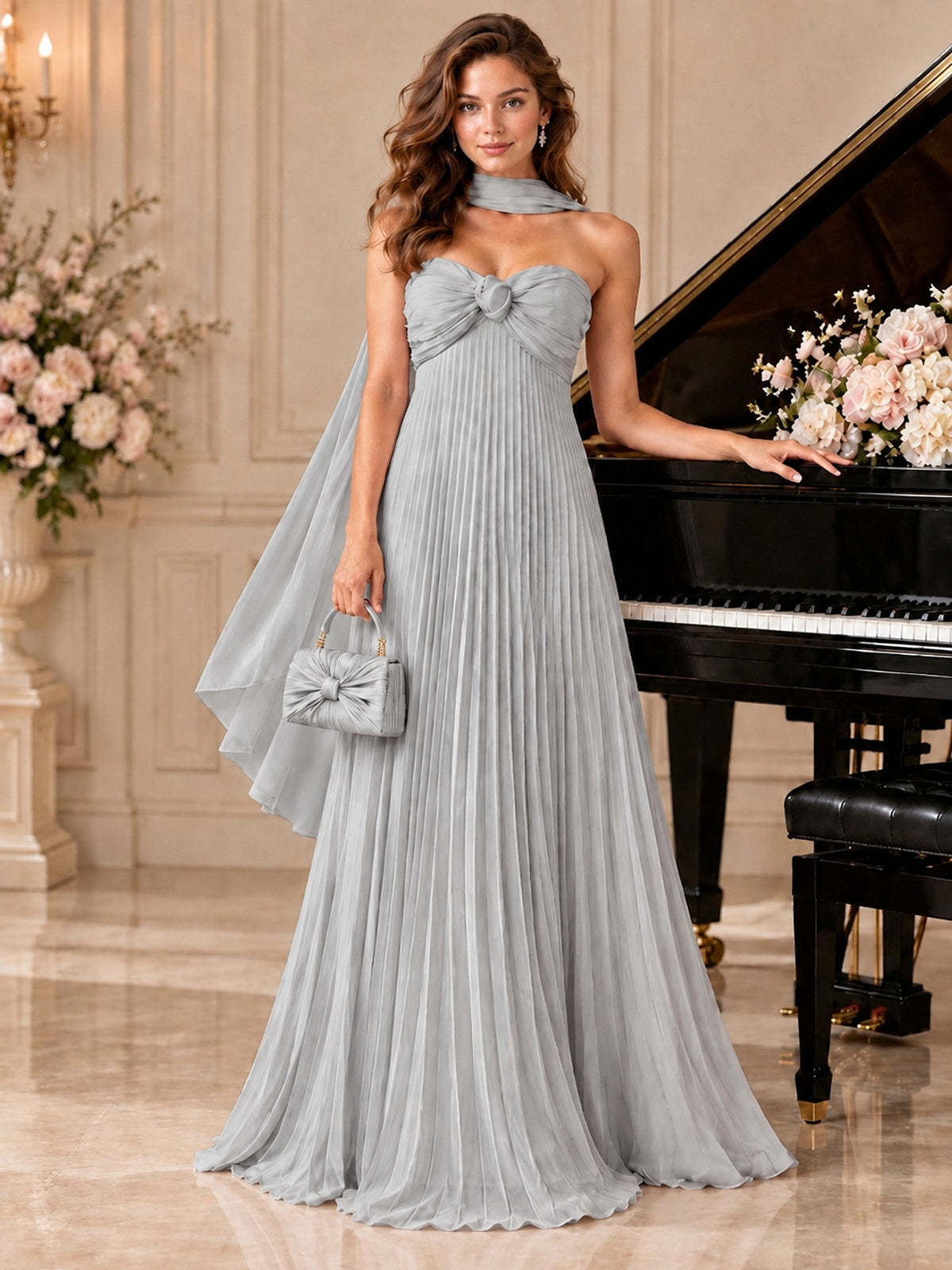 Sweetheart Neckline Pleated Prom Dress Strapless A-line Formal Dress with Flowy Scarf