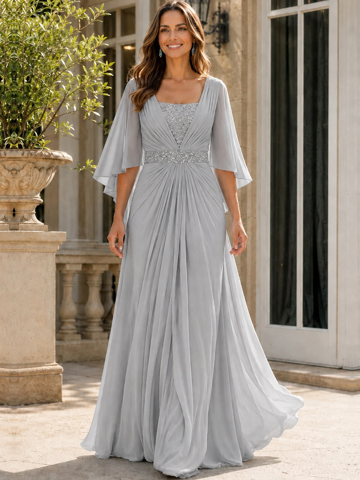 Elegant V-Neck Sequined Chiffon Mother of the Bride Dress with Flutter Sleeves