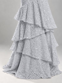 Halter Tiered Mermaid Prom Dress with Sparkly Lace