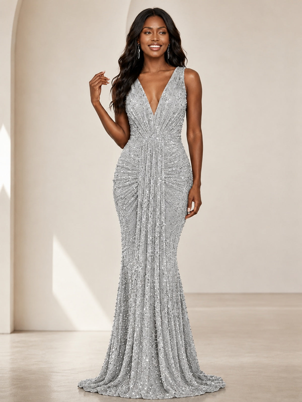 Sequin Mermaid Prom Dress with V-Neck and Ruched Waist