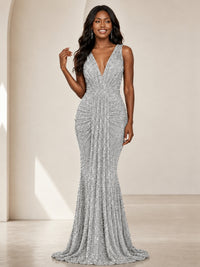 Sequin Mermaid Prom Dress with V-Neck and Ruched Waist