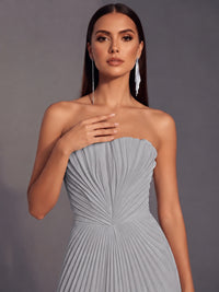 Strapless A-line Long Pleated Satin Prom Dress