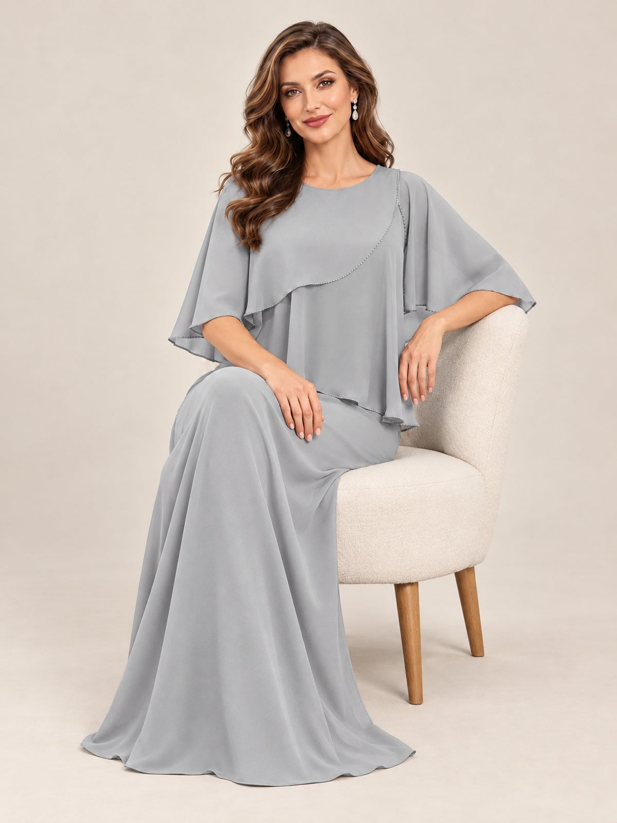 Cape Sleeve Mother of the Bride Dress with Asymmetrical Overlay