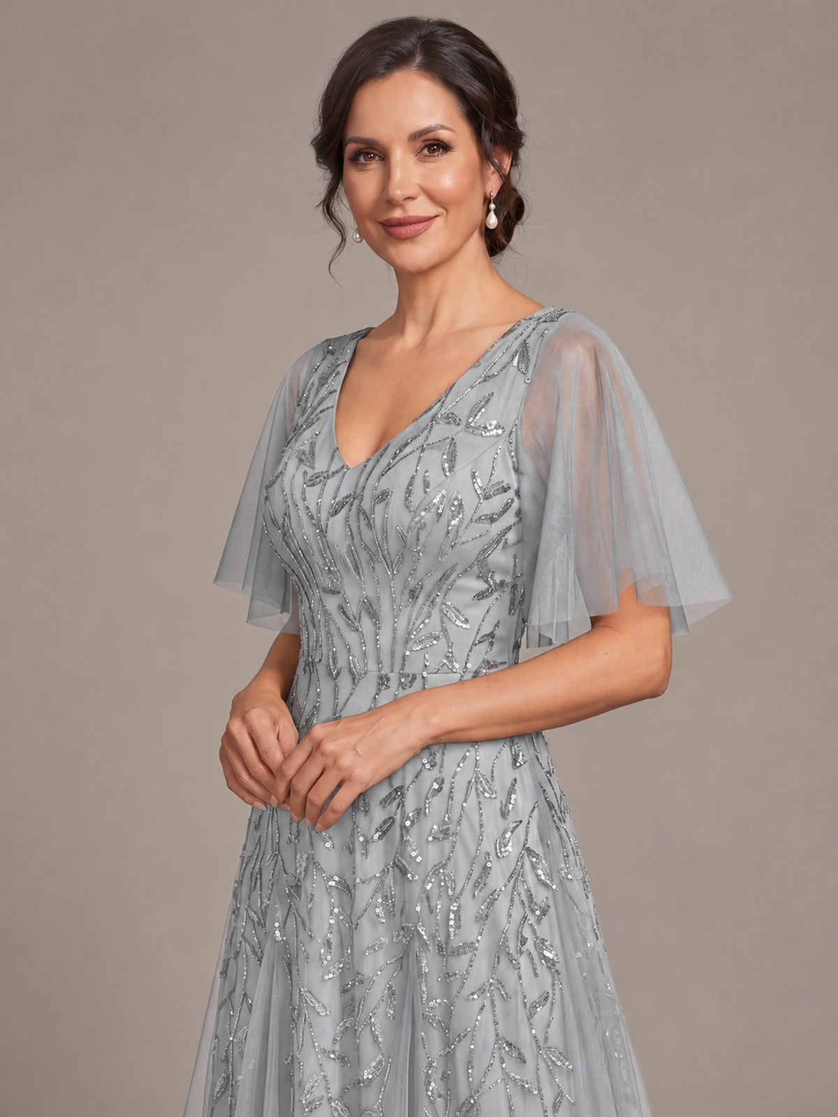 V-Neck Sequin Tulle Mother of the Bride Dress with Flutter Sleeve