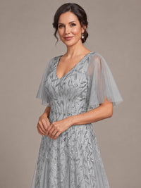 V-Neck Sequin Tulle Mother of the Bride Dress with Flutter Sleeve