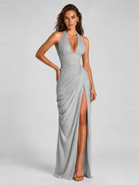 Ruched Halter Neck High-Slit Prom & Evening Dress