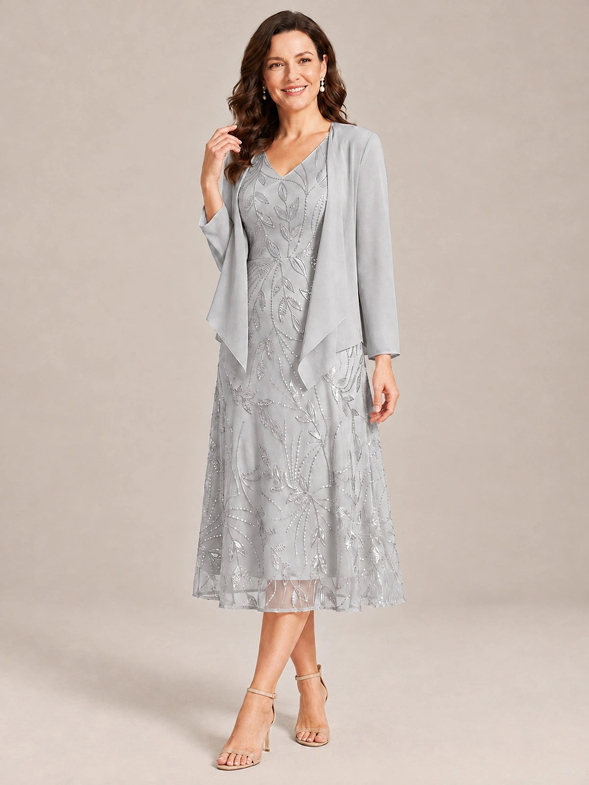 Tea Length Sequin Lace Mother of the Bride Dress with Chiffon Jacket