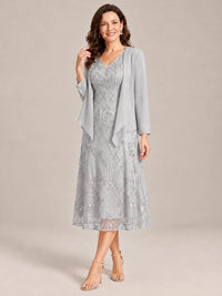 Tea Length Sequin Lace Mother of the Bride Dress with Chiffon Jacket