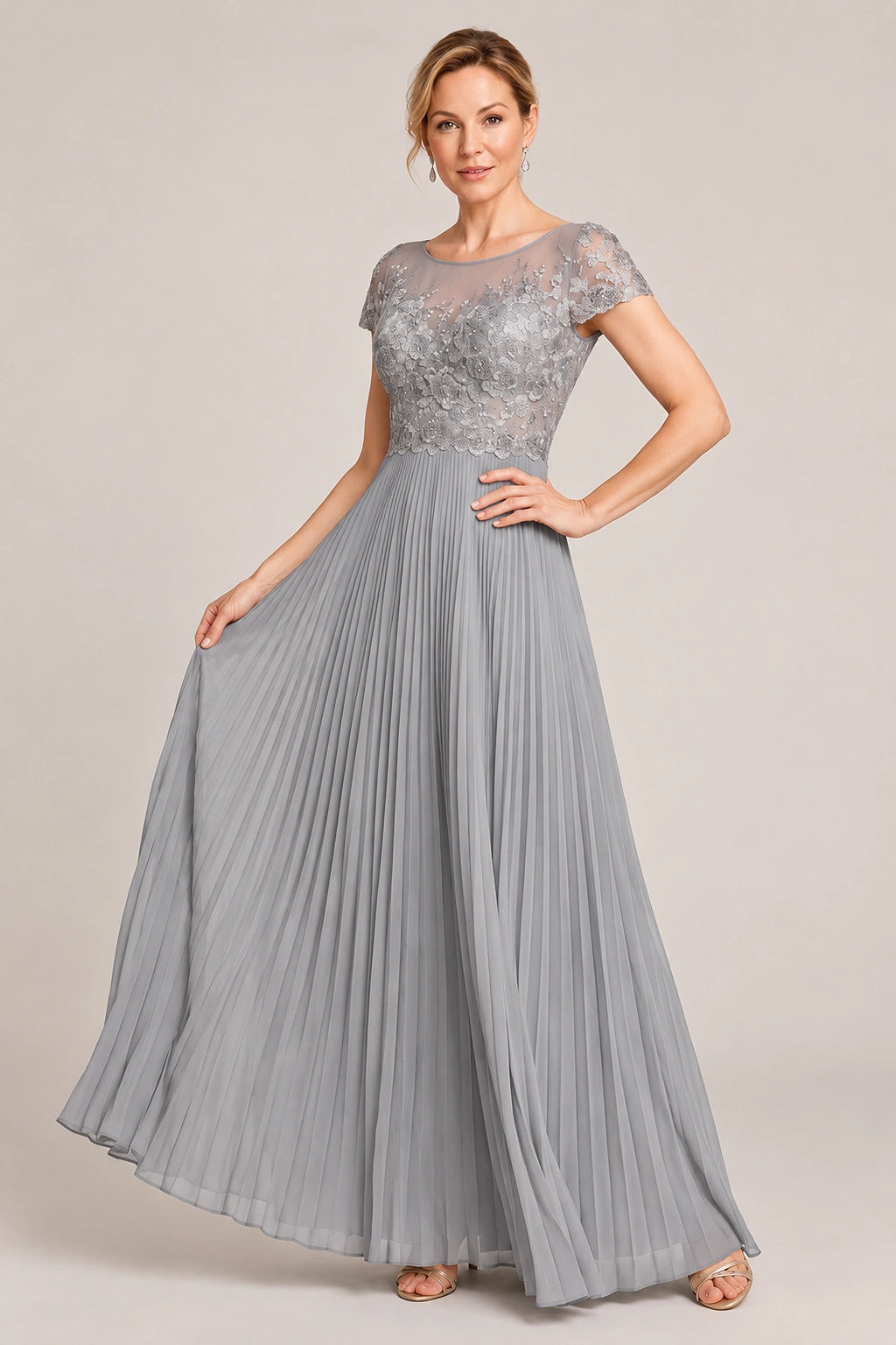 Embroidered Lace Pleated Mother of the Bride Dress