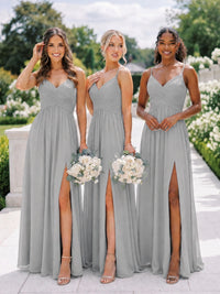 V-Neck Pleated Chiffon Long Bridesmaid Dress with Slit