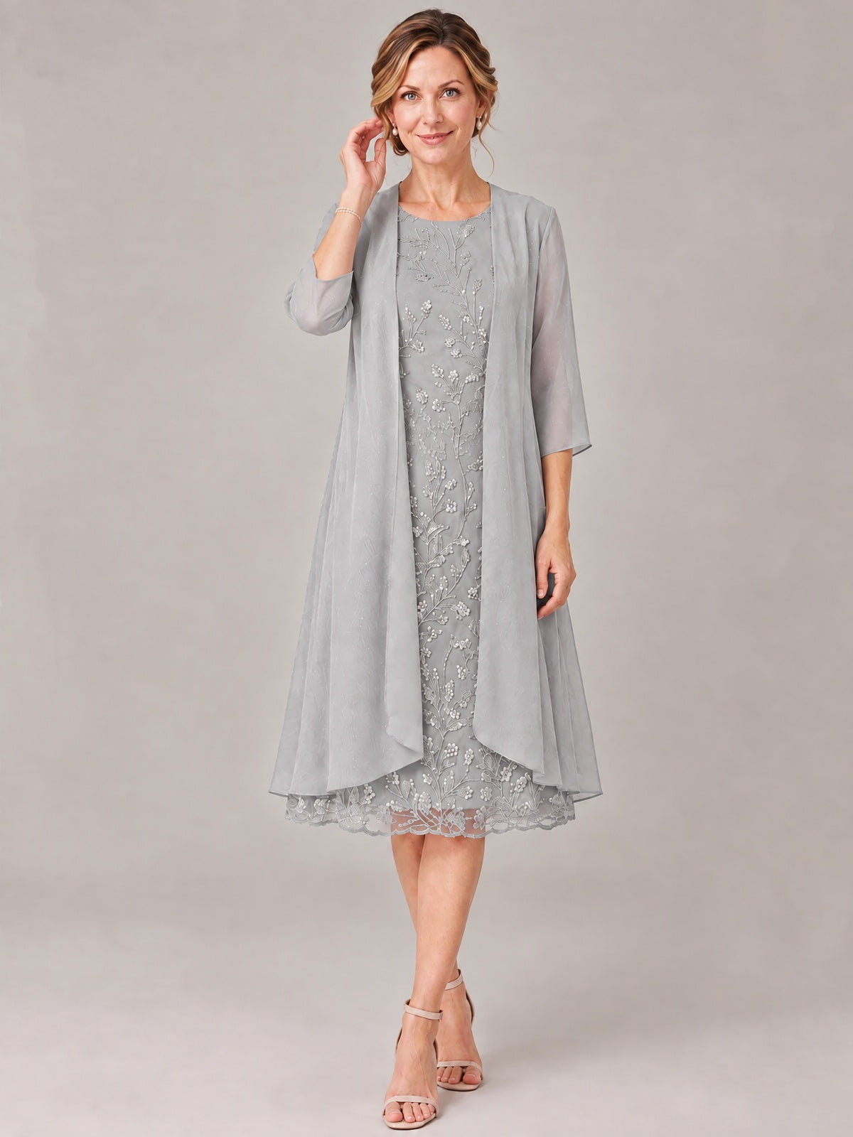 Tea Length Sequin Lace Mother of The Bride Dress with Chiffon Jacket