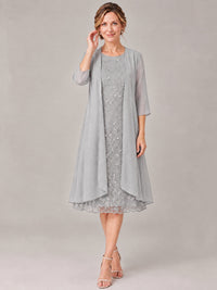 Tea Length Sequin Lace Mother of The Bride Dress with Chiffon Jacket