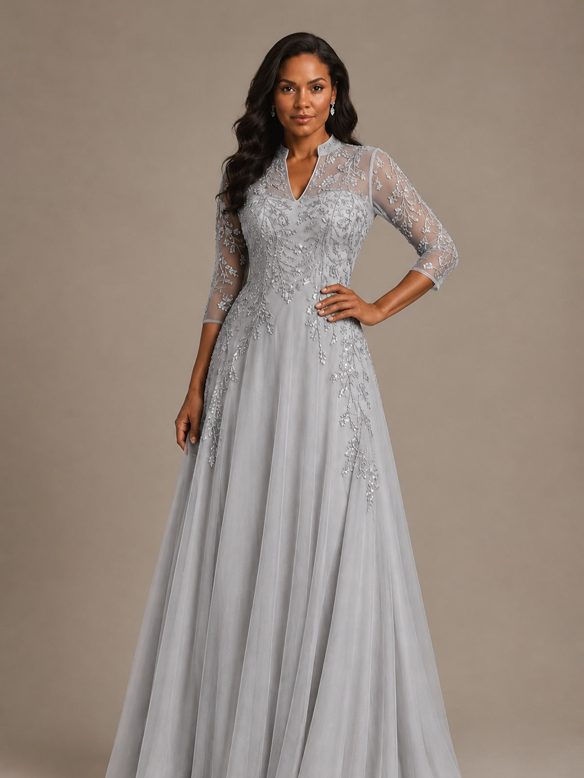 Embellished Appliques Mother of the Bride Dress with 3/4 Sleeves