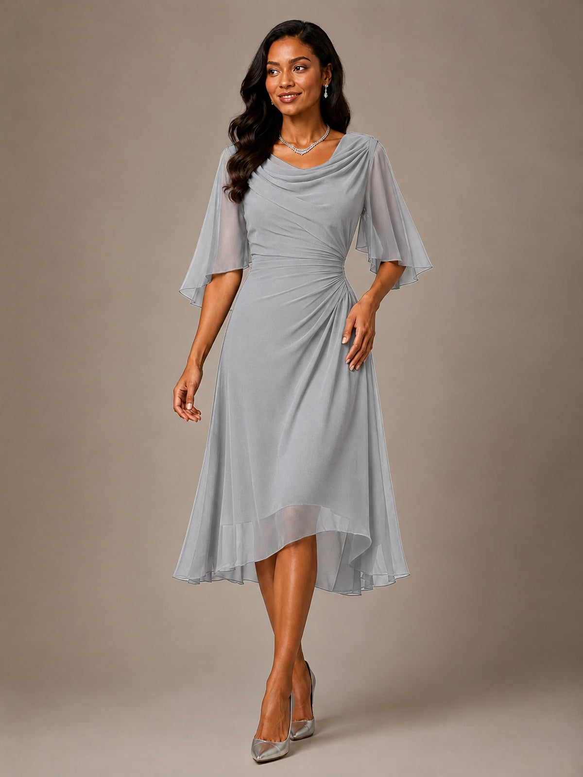 Cowl Neck Ruched Chiffon Mother of the Bride Dresses with Flutter Sleeves