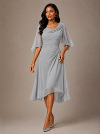 Cowl Neck Ruched Chiffon Mother of the Bride Dresses with Flutter Sleeves