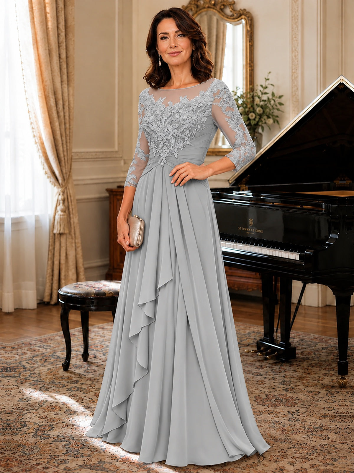 A-Line Chiffon Mother of the Bride Dress with Floral Applique 3/4 Sleeves