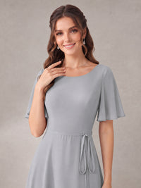 Scoop Neck A-line Chiffon Bridesmaid Dress with Flutter Sleeve & Belt