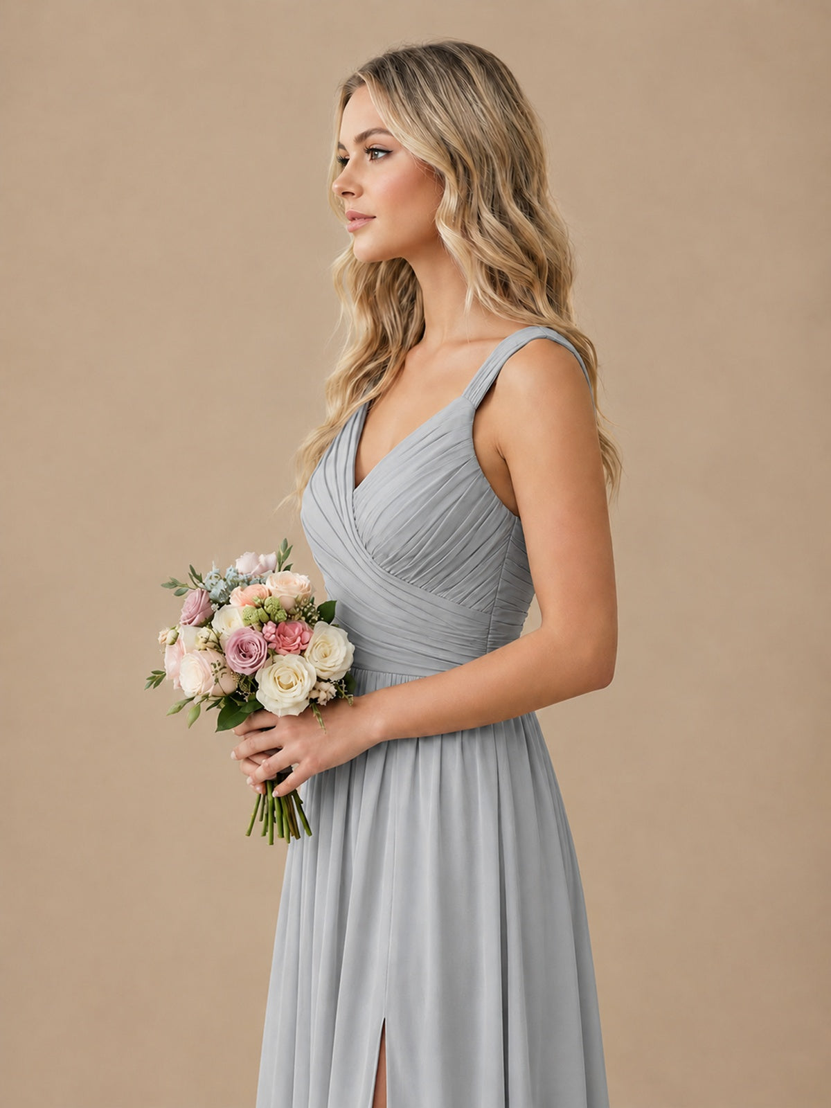 Pleated Chiffon V Neck Wedding Bridesmaid Dresses Floor Length with Slit