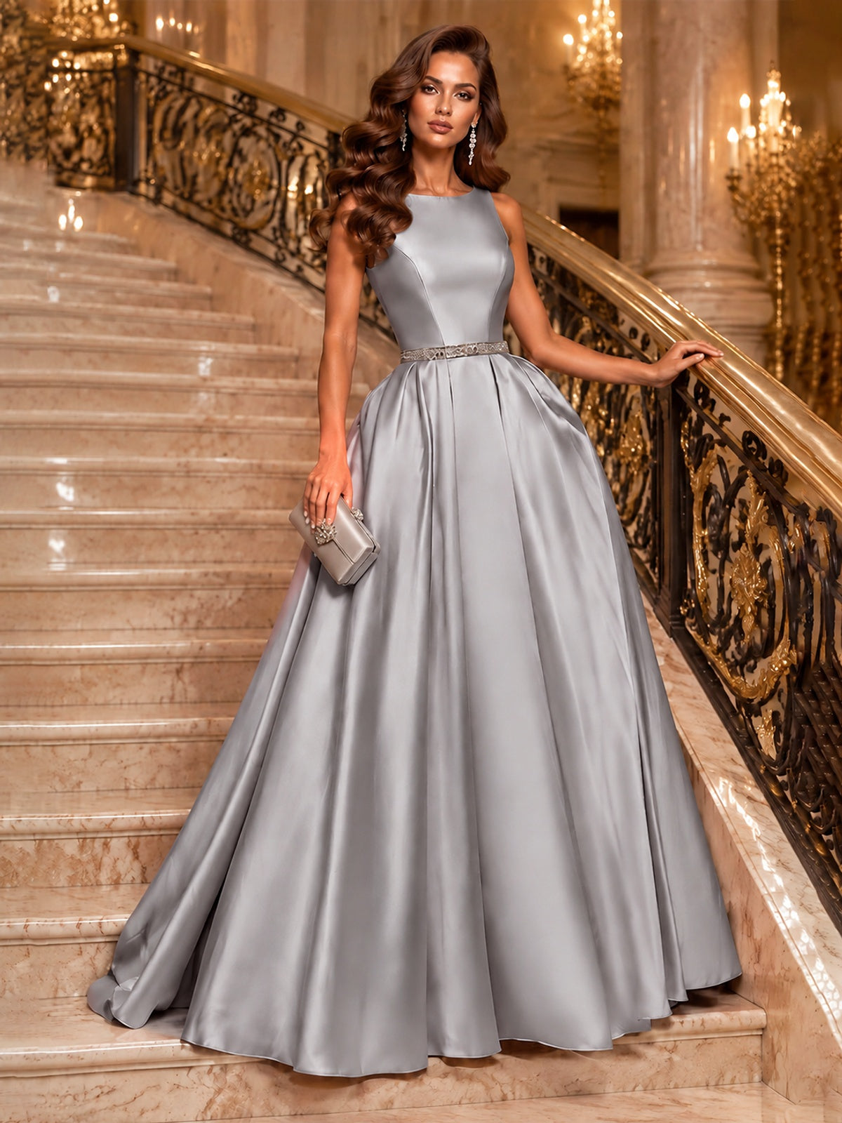 Satin A-Line Prom Dress Sleeveless Beaded Waist Formal Gown with Pockets