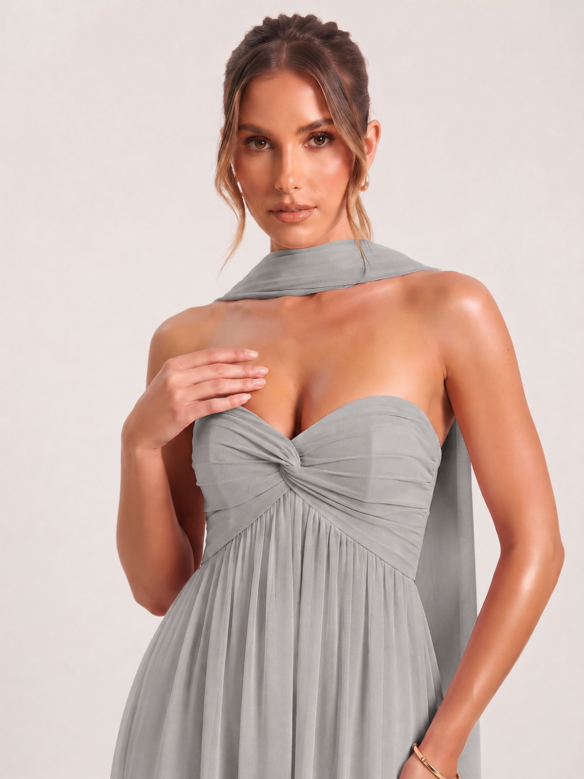 Strapless Ruched Chiffon Long Prom Dress with Scarf