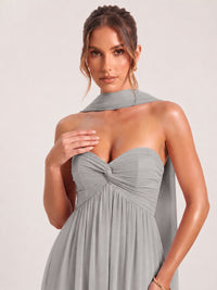 Strapless Ruched Chiffon Long Prom Dress with Scarf